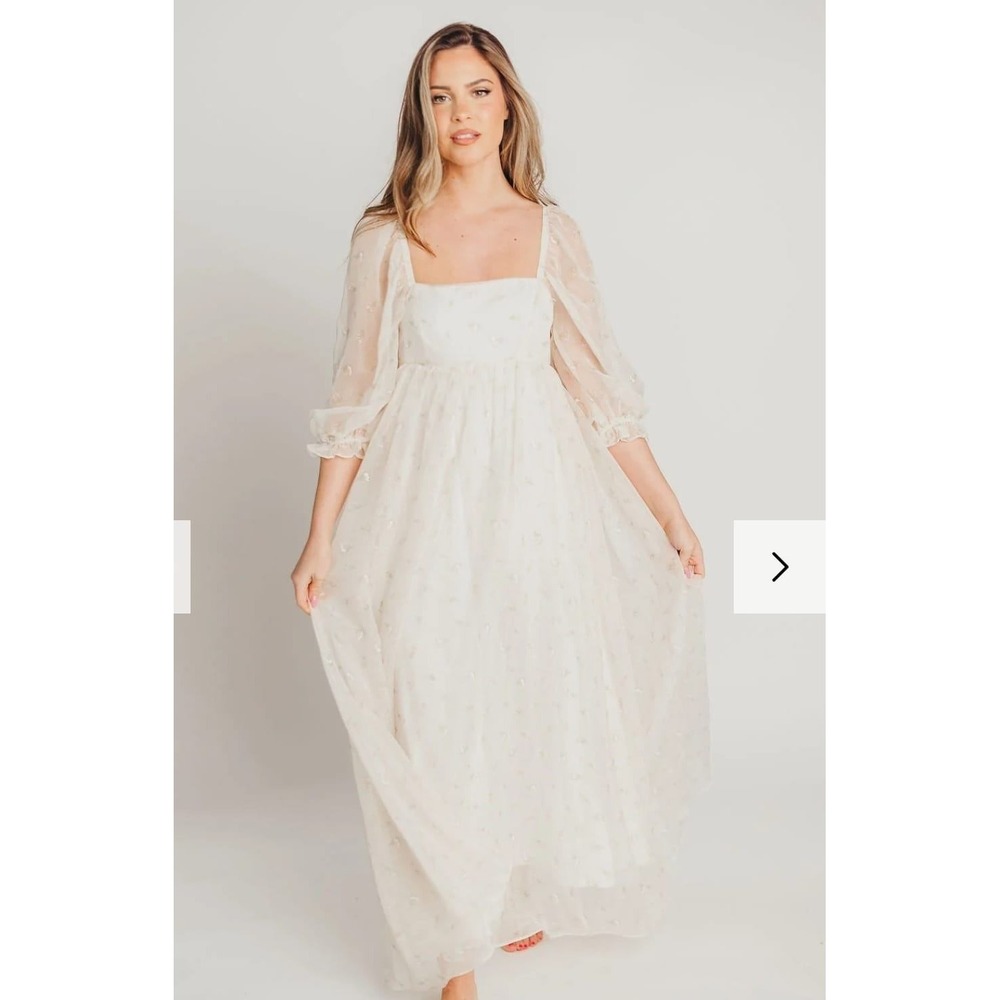 Worth Collective Cream Floral Puff Sleeve Smocked Back Maxi Dress Large